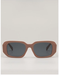 Front view of modern matte nude rectangular sunglasses with dark grey UV400 lenses