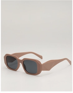 Detail of light pink geometric oversized sunglasses with 3D faceted temples and black lenses
