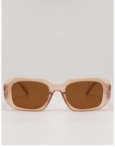 Close-up of retro brown rectangular sunglasses featuring thick translucent frames and UV400 lenses