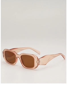 Detail of pink jelly rectangle sunglasses with brown lenses and wide geometric temples