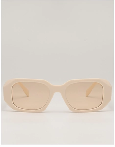 Front view of modern rectangular cream sunglasses with light brown tinted lenses
