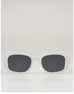 Close-up of white rectangular sunglasses frame with dark lenses and smooth texture