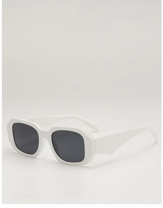 Macro side view of rectangular white frame sunglasses with dark black lenses