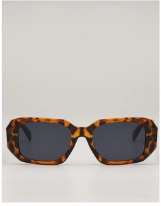Detailed view of tortoiseshell rectangle sunglasses with dark grey UV400 lenses