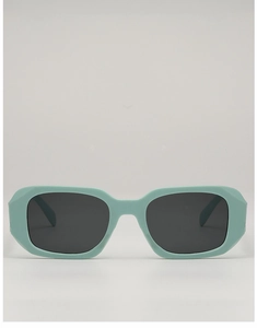 Front view of mint green rectangular sunglasses with dark lenses and thick frame