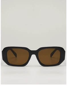 Close-up of black rectangular sunglasses with dark brown lenses and thick frames