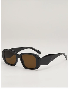 Detail view of bold black square frame sunglasses with geometric temples and brown lenses