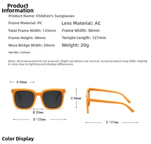 Detailed size chart for kids colorful sunglasses showing frame width and lens dimensions