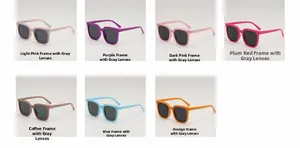 Grid view showing eight vibrant color options of trendy square frame kids sunglasses