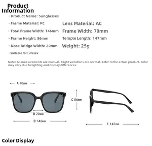 Detailed size specifications and dimensions guide for square unisex oversized sunglasses