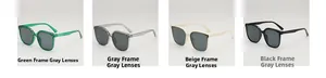 Comparison of square oversized sunglasses in green, grey, beige, and black frames