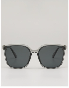 Close-up of transparent gray square sunglasses frame with metal rivet details