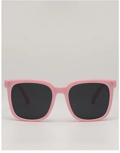 Detail of pink square frame kids sunglasses with silver star studs and dark lenses