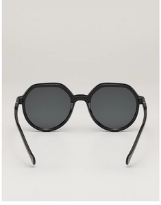 Detail view of stylish black sunglasses with glossy polygonal frame and dark lenses