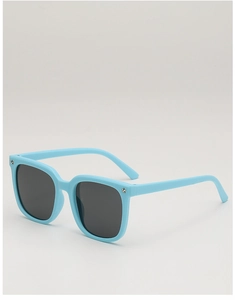 Detail of light blue square sunglasses with silver star rivets on the frame corners