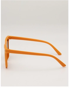 Side view of trendy orange kids sunglasses with smooth matte plastic frame and rivet detail