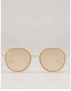 Detail of off-white geometric oversized sunglasses with light brown tinted lenses