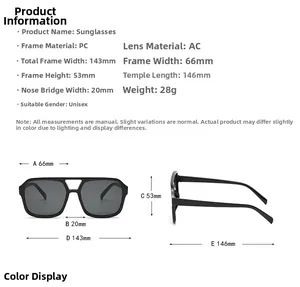Detailed size chart for oversized square sunglasses featuring PC frame and AC lens dimensions