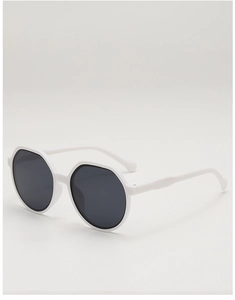 Detail view of white polygon frame sunglasses with dark grey lenses on white background