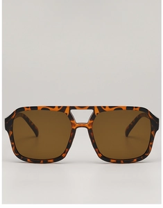 Close-up of leopard print square sunglasses with double bridge design and brown lenses