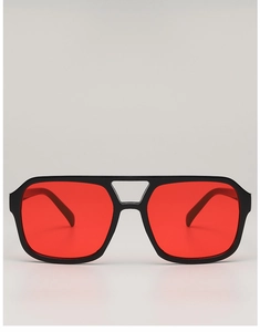 Front view of black double-bridge square sunglasses with vibrant red tinted lenses