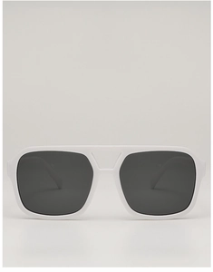 Detailed front view of white square sunglasses with dark grey lenses and double bridge frame