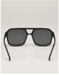 Detail view of black double-bridge square sunglasses with sleek folding temple arms