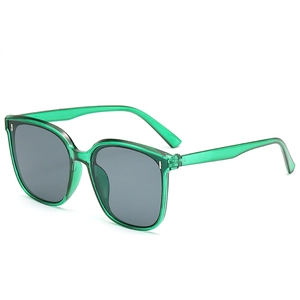 Modern oversized square sunglasses with transparent green frames and grey polarized lenses