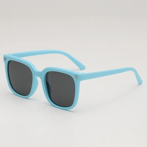 Light blue square frame kids sunglasses with star rivets and dark grey lenses