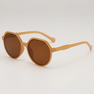 Modern amber polygon sunglasses with brown lenses and unique wavy temple tips
