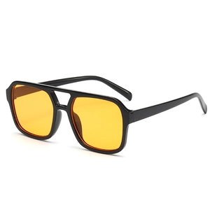 Fashionable oversized square sunglasses with double-bridge black frame and yellow lenses
