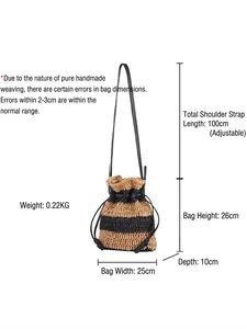 Handwoven drawstring bucket bag with striped pattern and size dimensions in 25x26x10cm