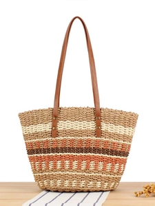 Sac Fourre-Tout Tissé En Paille Pour Femmes Grande Capacité Sac À Épaule Rayé Pour Plage Été Décontracté Avec Sangles En Similicuir