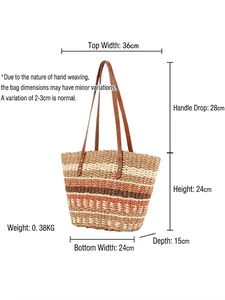 Sac fourre-tout tissé à rayures pour la plage avec anses en cuir et grande capacité