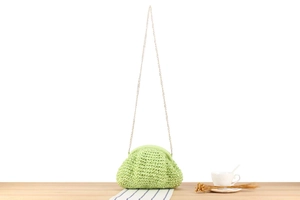 Close-up of light green hand-woven clutch bag with fine gold chain strap for summer
