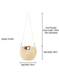 Handmade semi-circular straw bag with wooden handles and shoulder strap measurements