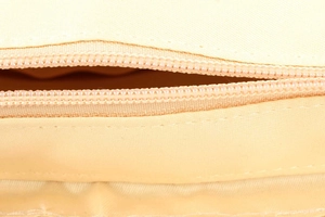 Macro shot of smooth nylon zipper and twill fabric texture on woven shoulder bag