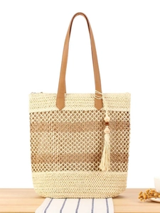 Sac Fourre-tout Tissé Paille Vacances Plage Sac À Main Matériau Papier Avec Poignées En Cuir PU Perles Bois Frange Mode Été Femmes