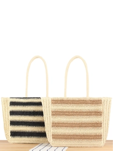 Woven Tote Bag Paper Straw Striped Large Capacity Beach Vacation Summer Shoulder Handbag For Women Casual Zipper Closure