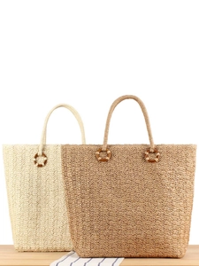 Sac Fourre Tout En Paille Tissée Grande Capacité Sac À Épaule Poignées En Anneaux De Bois Fermeture Éclair Bohème Été Plage Femmes