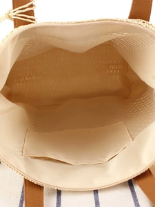 Sac fourre-tout minimaliste en paille avec franges, doublure spacieuse et poignées en cuir brun