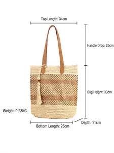 Sac fourre-tout tissé avec anses en cuir et dimensions détaillées sur fond blanc