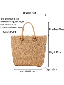 Sac fourre-tout en paille tissé main 46x40cm pour la plage et un usage quotidien
