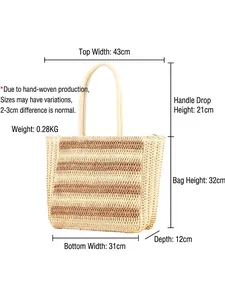 Large woven straw beach tote bag with striped pattern and detailed size dimensions