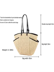 Large beige hand-woven straw tote bag with black leather trim and detailed size guide