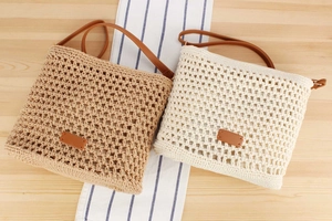 Macro shot of handcrafted woven bag texture with synthetic leather straps on wood
