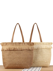 Woven Paper Straw Tote Bag With Fringe Trim PU Leather Shoulder Straps Bohemian Vacation Casual Shoulder Bag For Women