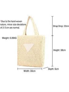 Woven tote bag with triangle detail showing dimensions 33cm width and 38cm height