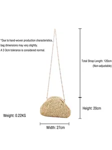 Straw woven cloud shoulder bag with gold chain and product dimensions 27x20cm