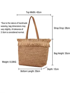 Woven straw tote bag with fringe trim and leather straps showing full size dimensions